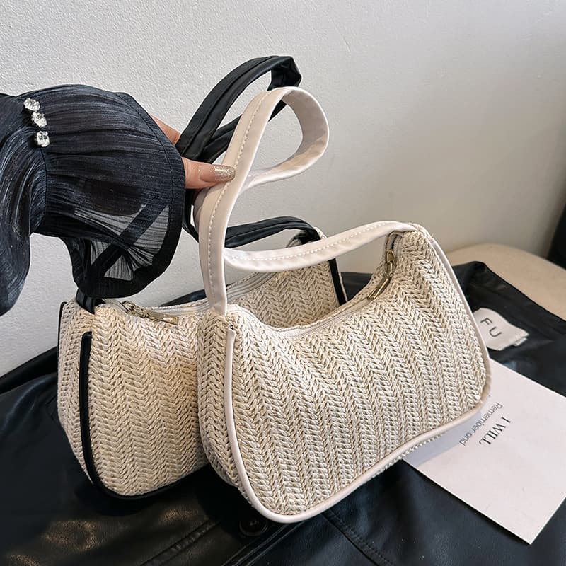 Summer Straw Bag Women's 2024 New Girl's Retro Contrast Color Handbag All-match Underarm Woven Bag Trendy