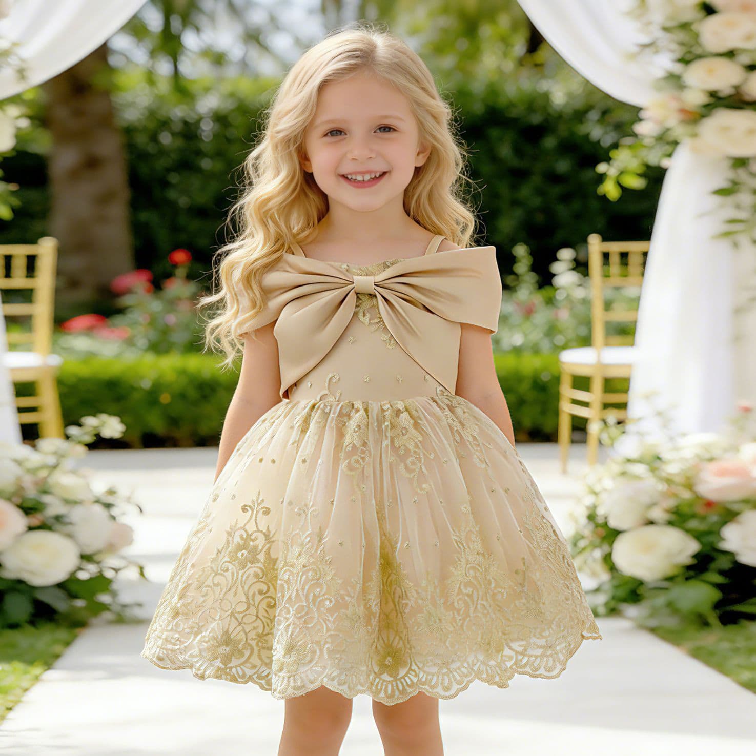 Children's Princess Dress, High-End and Stylish, Champagne-Colored Evening Dress for Girls, Flower Girls, and Baby Girls, Wholesale