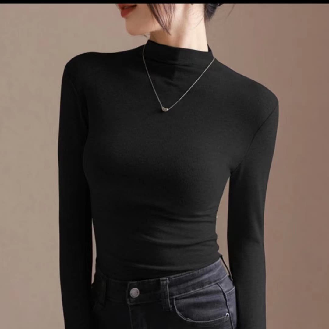 Autumn and winter Internet celebrity half-high collar pleated thickened warm long-sleeved T-shirt women's slim and versatile long-sleeved bottoming shirt high quality