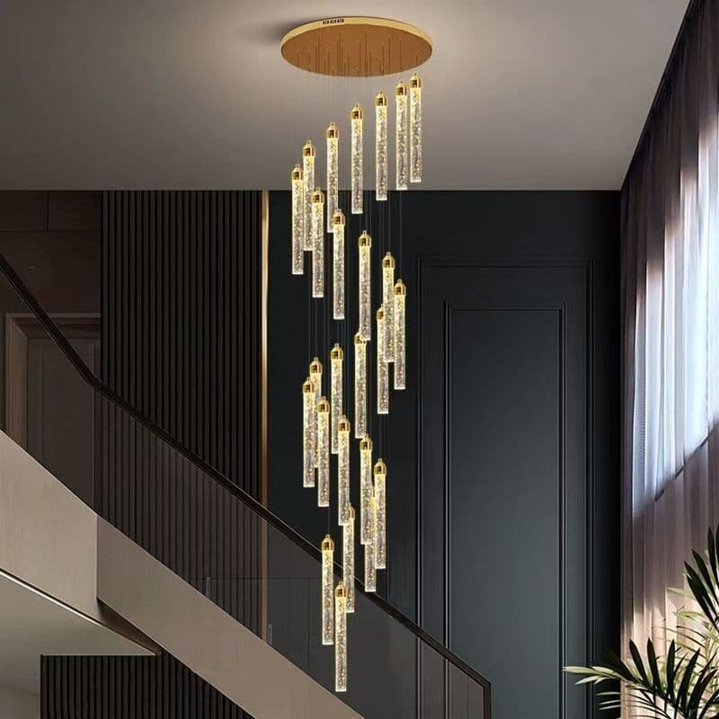 Light Luxury Crystal Chandelier with a High-End Open-Air Feel, Minimalist Loft Duplex Villa Staircase Chandelier