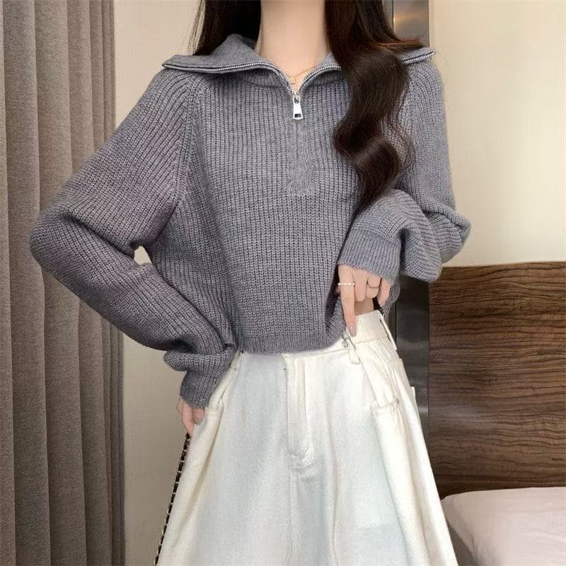 Short Lazy Style Petite Half Zip High Neck Sweater Women Autumn Winter Knitwear Outerwear Soft Loose Top Trendy