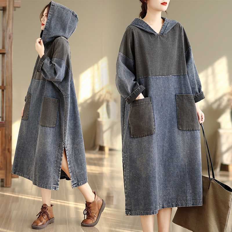 Spring and Autumn Long Sleeve Plus Size Contrast Denim Hooded Midi Dress for Women, Distressed Faded Split Loose Fit