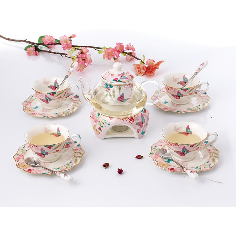 European Style Household Ceramic Candle Warmer Thickened Glass Afternoon Tea Flower Teapot Tea Cup Fruit Flower Tea Set