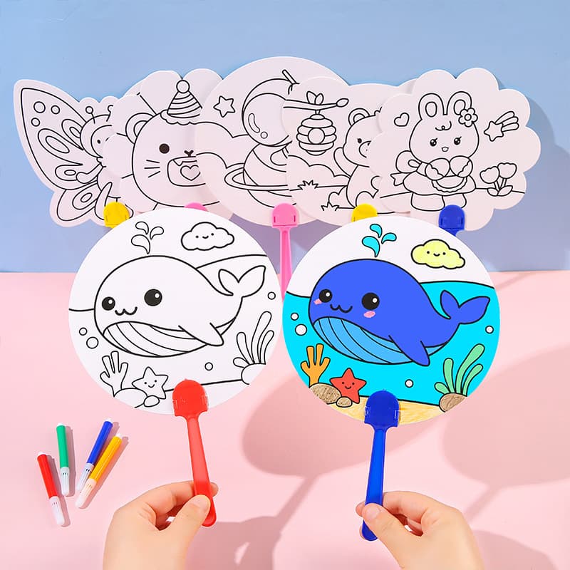 Children's DIY Graffiti Fan Color Filling Hand Rocking Fan Baby Painting Folding Fan Puzzle Drawing Paper Colored Round Fan
