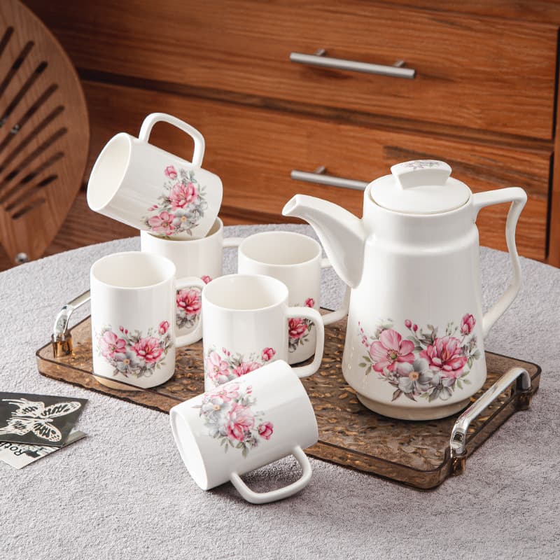 Ceramic Water Set, Home Living Room Teapot and 6 Cups with Tray, Light Luxury Floral Pattern, Cold Water Pitcher, Festive
