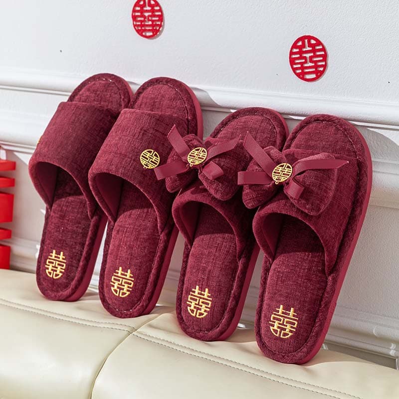 Wedding Slippers for Women Autumn Couple Festive Red Non-Slip Home Cotton Linen Slippers Men Summer Postpartum Shoes