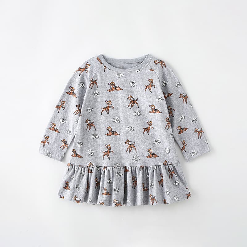 Cross-Border Children's Skirts Autumn Winter New European American Kids Round Neck Long Sleeve Cute Little Girl Casual Dress