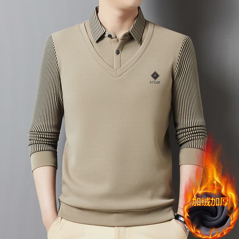 Hot Style Two-in-One Fleece Lined Shirt Collar Base Layer Men 2025 Winter Middle-Aged Dad Thickened Warm Top T-Shirt