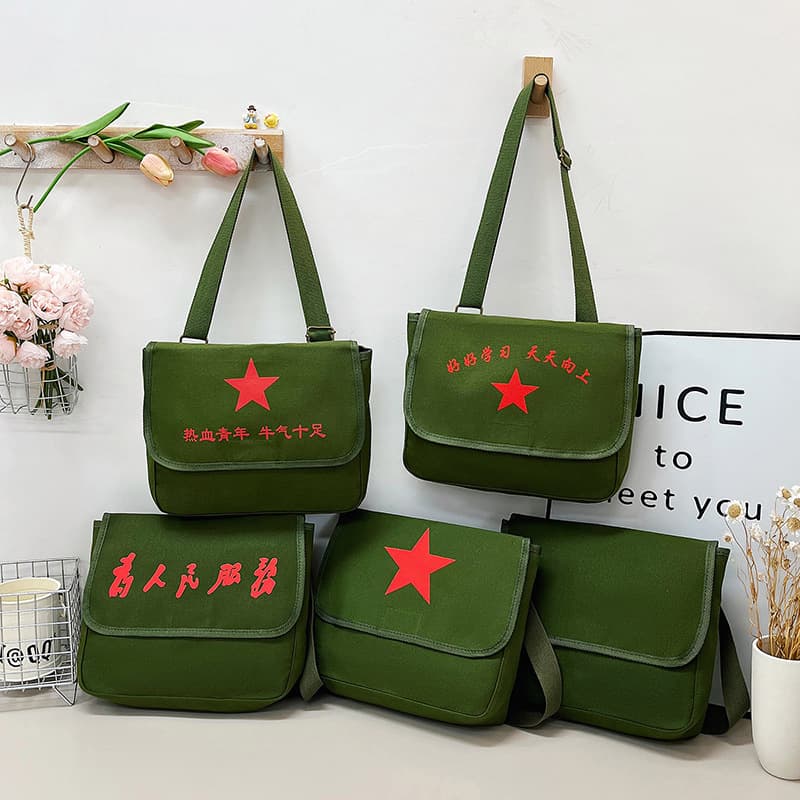 New Canvas Shoulder Crossbody Bag Lei Feng Five-Pointed Star Bag Red Army Bag Retro Crossbody Serve the People Bag School Bag