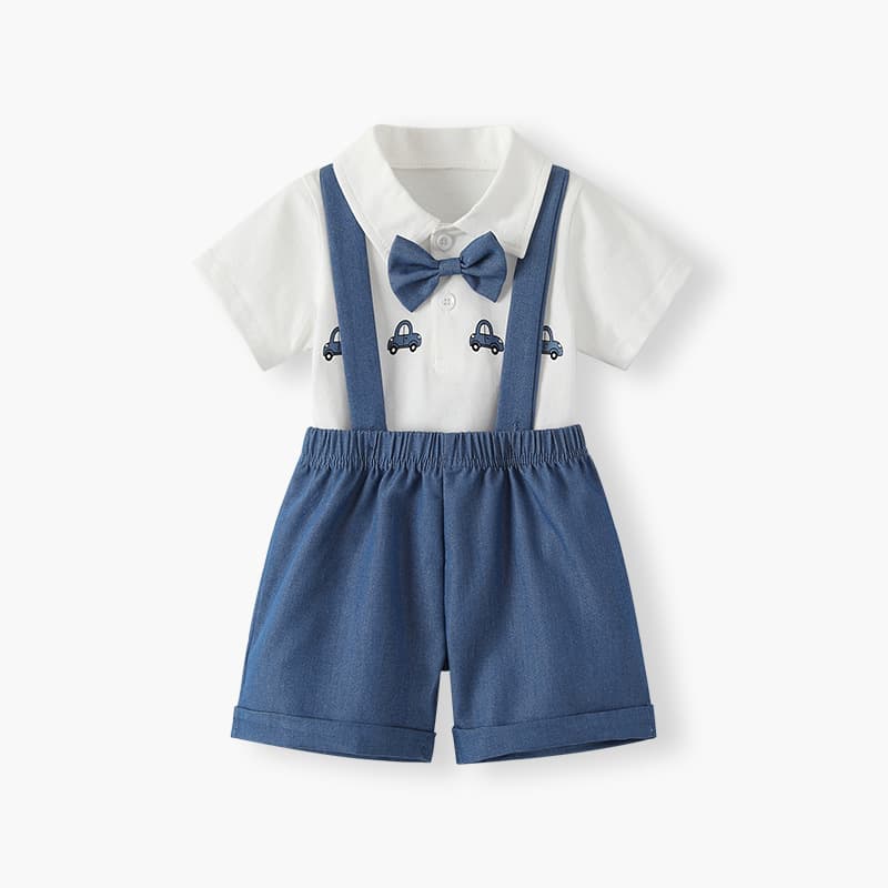 2026 New Gentleman College Style Suspenders Set for 1-Year-Old Boys, Summer Thin Shirt and Shorts Outfit with Short Sleeves