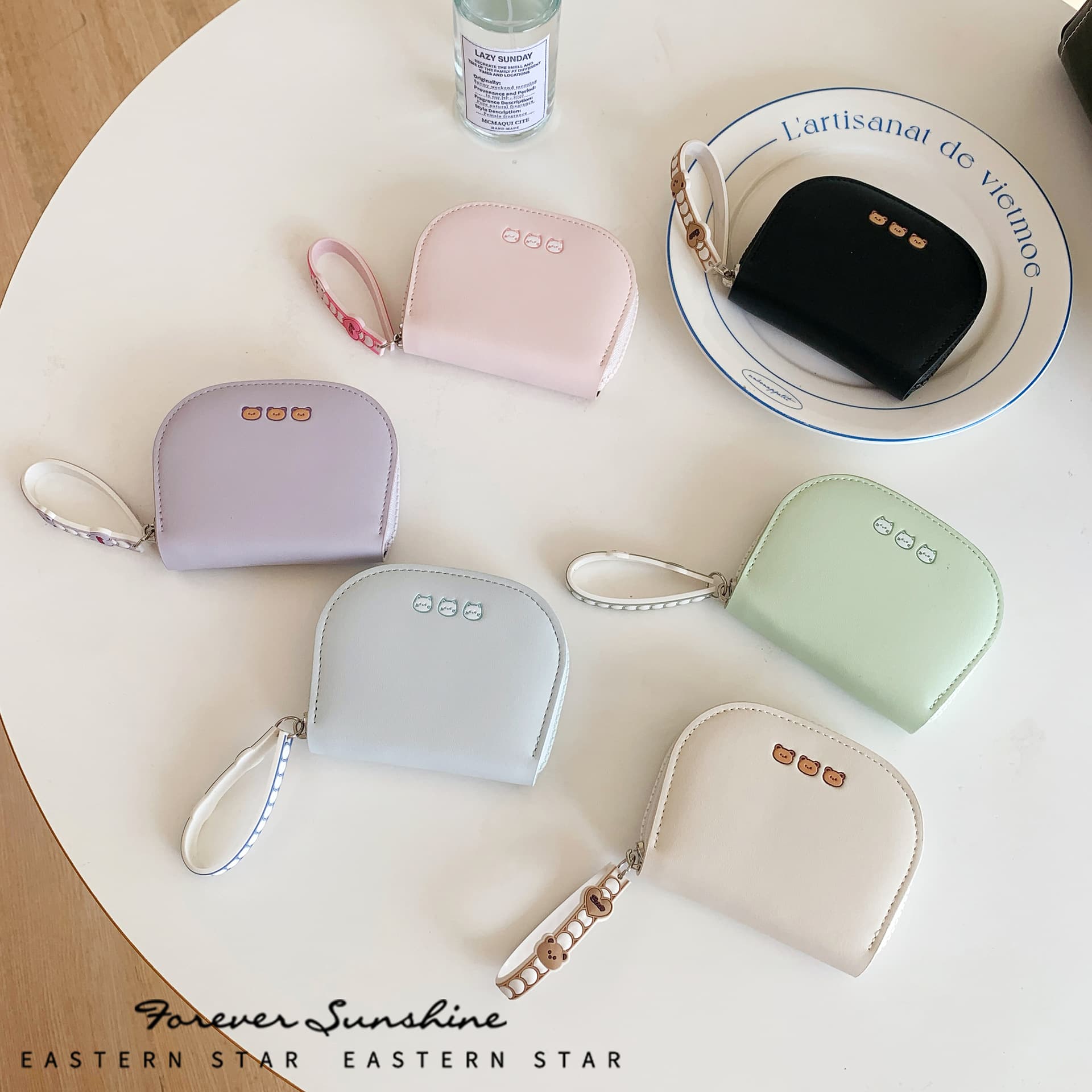 Bear Lanyard New Zipper Fan Fashion Texture Solid Color Multi-Card Slot Women's Organ Pu Wholesale Wallet Card Holder