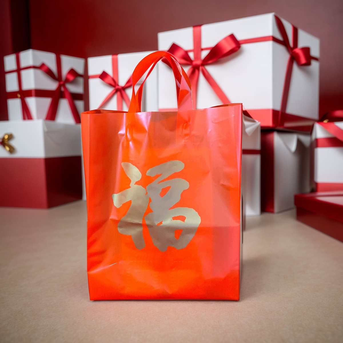 Red large word "Fu" souvenir gift bag, tobacco and wine for New Year's goods, Spring Festival shopping plastic packaging gift bag