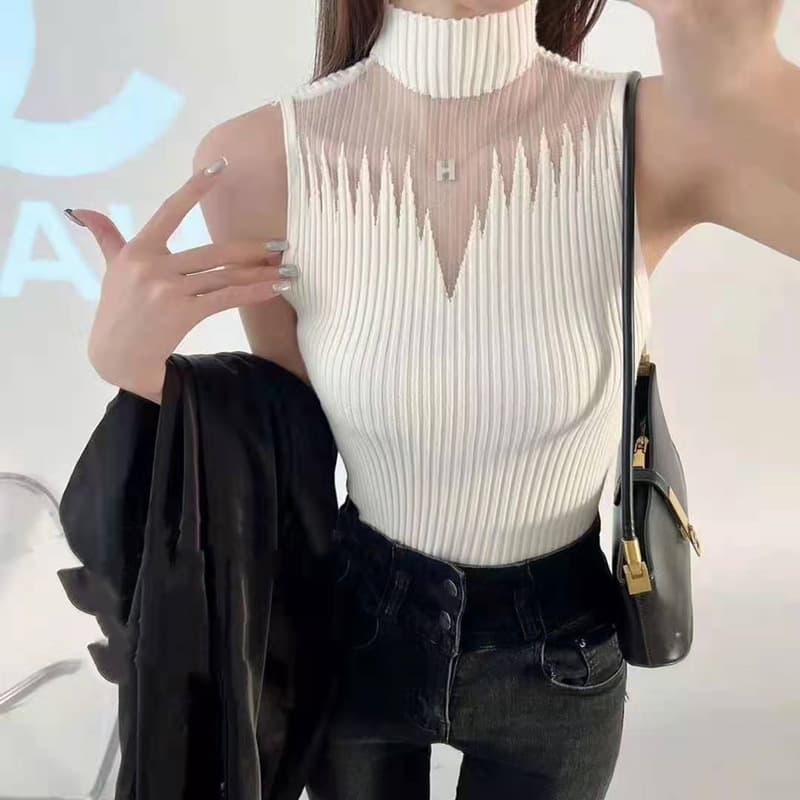 Mesh Hollow Camisole Top Women's Inner Layering Undershirt 2026 Spring Autumn New Half High Neck Sleeveless Knit Top