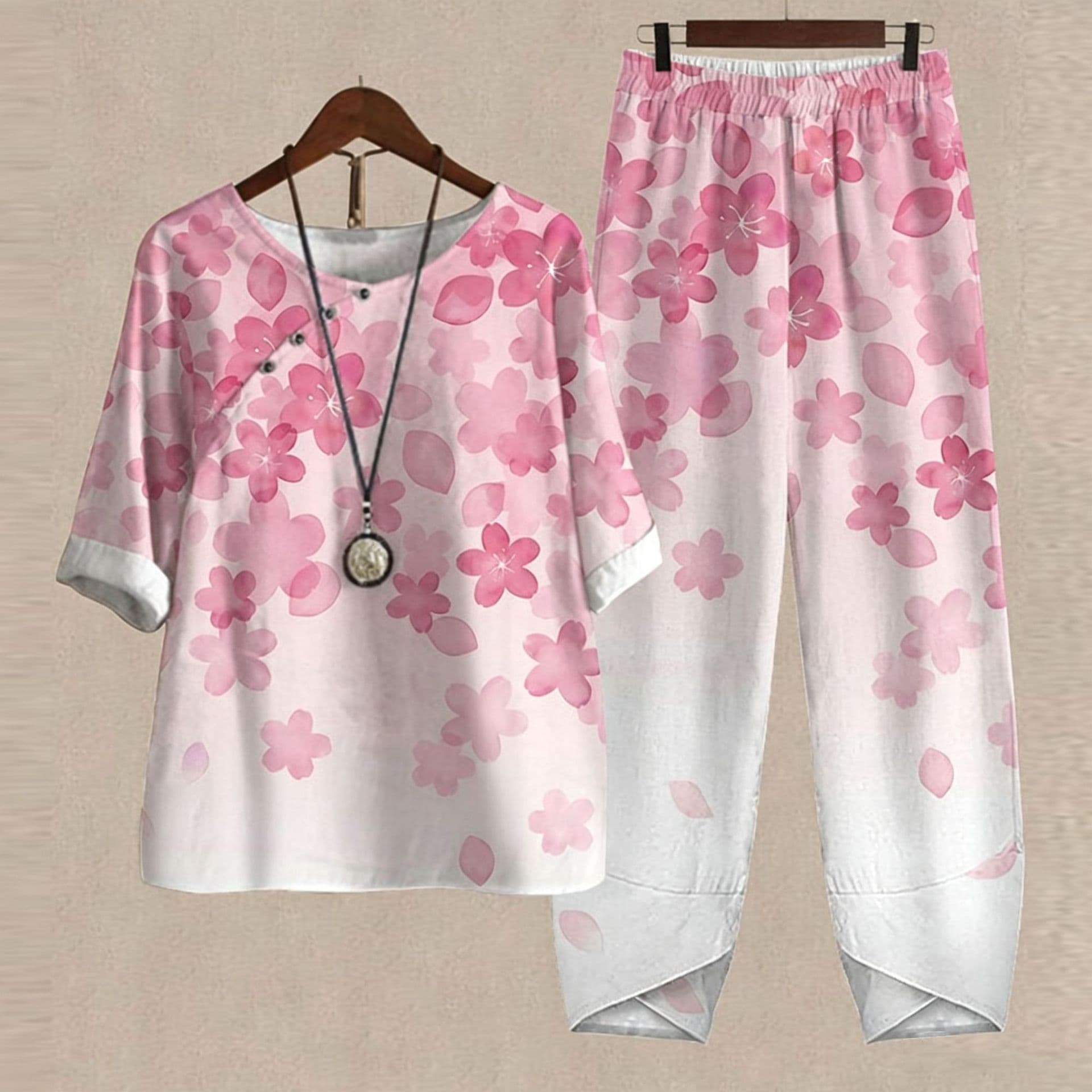 Middle-aged and Elderly Women's Summer Set, Printed New Chinese Style Button-Up Top and Loose Capri Pants Two-Piece Set, Cross-Border Wholesale