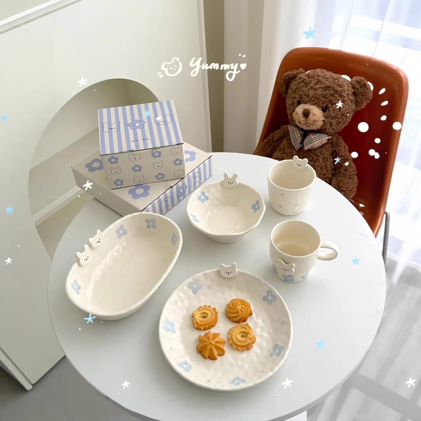 Adorable Soft Bunny 3D Relief Ceramic Underglaze Bowl and Plate Set, Home-Use Cute Blue Floral Rice Bowl