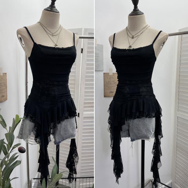 Actual Photo: Design Irregular Lace Trim Hem Ribbon Ruffle Camisole Mesh Top 8020