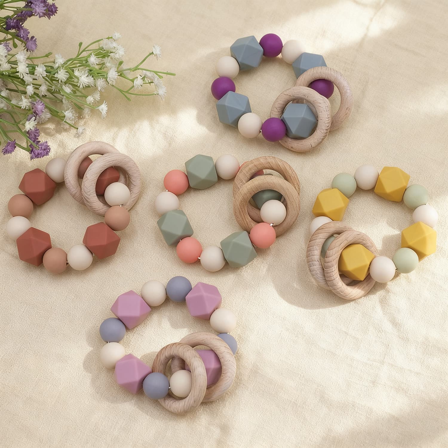 New Baby Teether Silicone Bead Teething Toy Infant Chew Toy Wood Ring Beads Teether