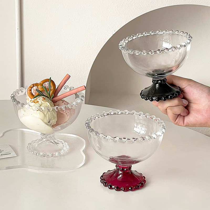 Niche Beads High-Footed Ice Cream Cup, Household Summer Stylish Women's Smoothie Yogurt Ice Cream Dessert Glass Cup