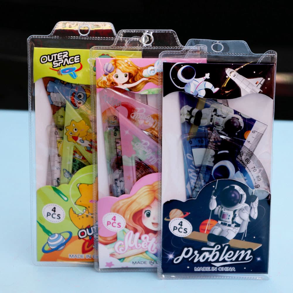 Ruler Set for Elementary Students, Cute Stationery Set for Boys and Girls, Triangle Ruler Four-Piece Set, Wholesale