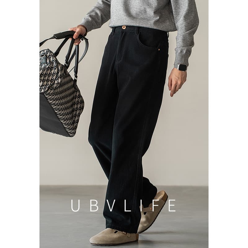 Old Money Style American-Style Fleece-Lined Loose Straight Leg Jeans for Men, 2025 Autumn/Winter New Style, Thickened Warm Flowy Casual Pants