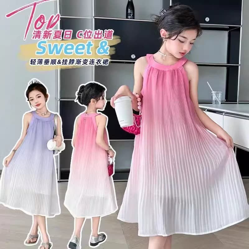Girls Dress 2025 Summer Fashion New Style Beach Gradient Children's Dress for Middle and Older Kids