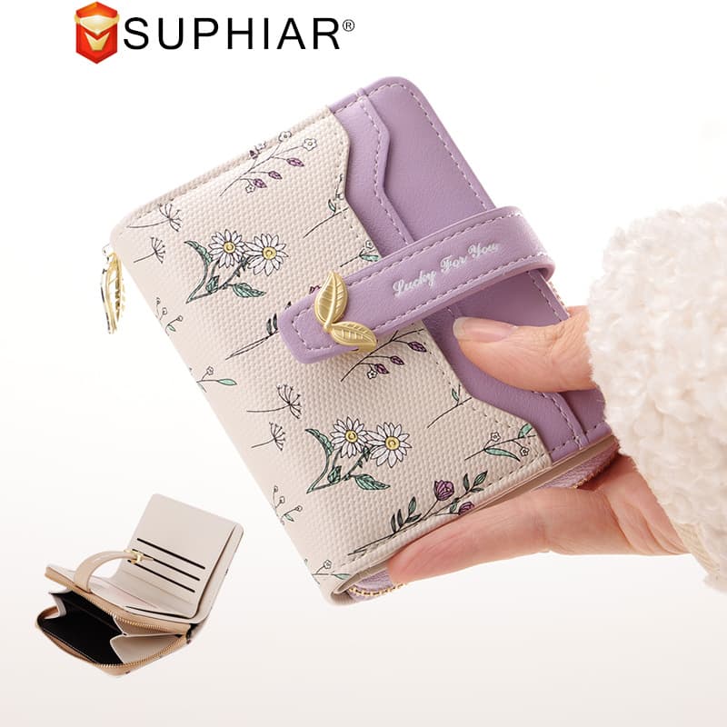 New 2025 Short Large Capacity Zipper Wallet Women's Fresh Floral Print High-End Feel Mini Fresh Style PU Leather