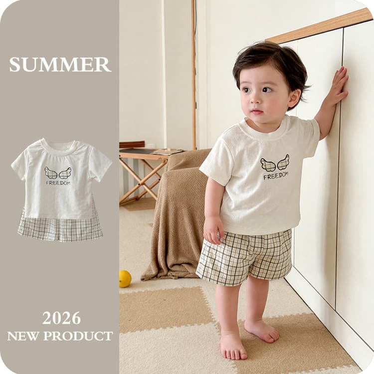 Cartoon style male and female baby summer wing short-sleeved suit baby style plaid shorts two-piece set