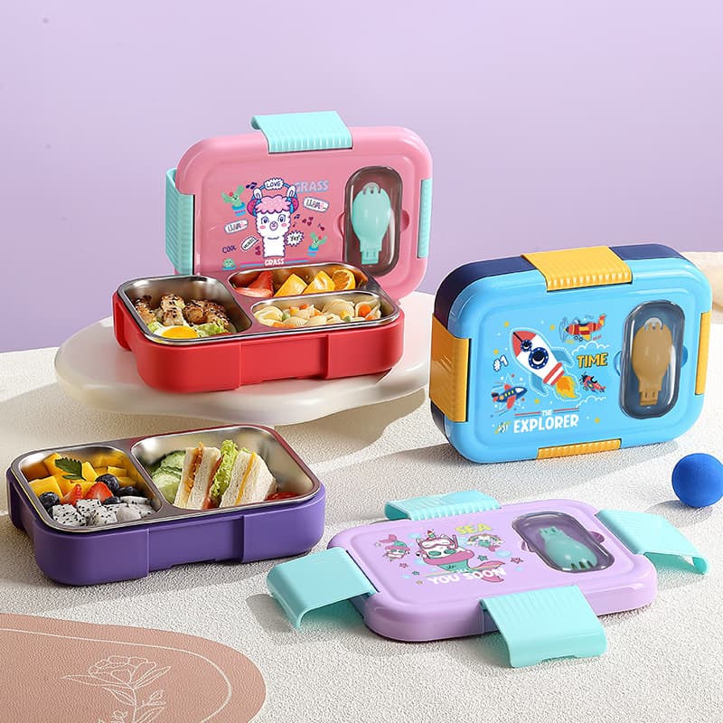 New Pu Fully Insulated 304 Stainless Steel Lunch Box Cartoon Primary School Student Lunch Box Independent Sealed Compartment Lunch Box