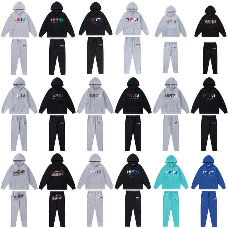 Trapstar Rainbow Gradient Letter Tiger Embroidery Hoodie + Jogger Pants Sportswear Set
