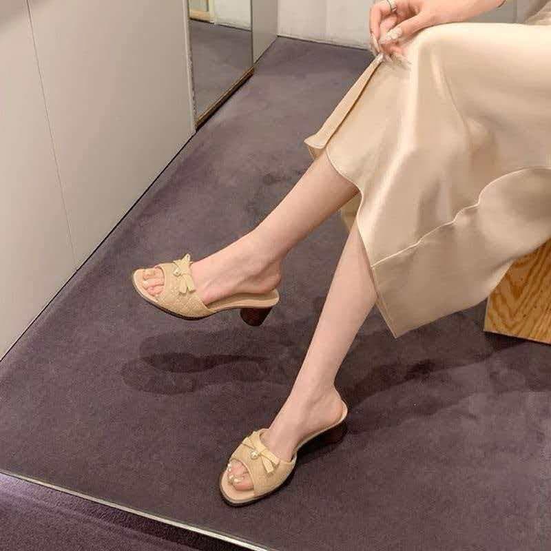 Luxury French Style High Heel Sandals for Women 2026 Summer New Pearl Bow Chunky Heel Slippers