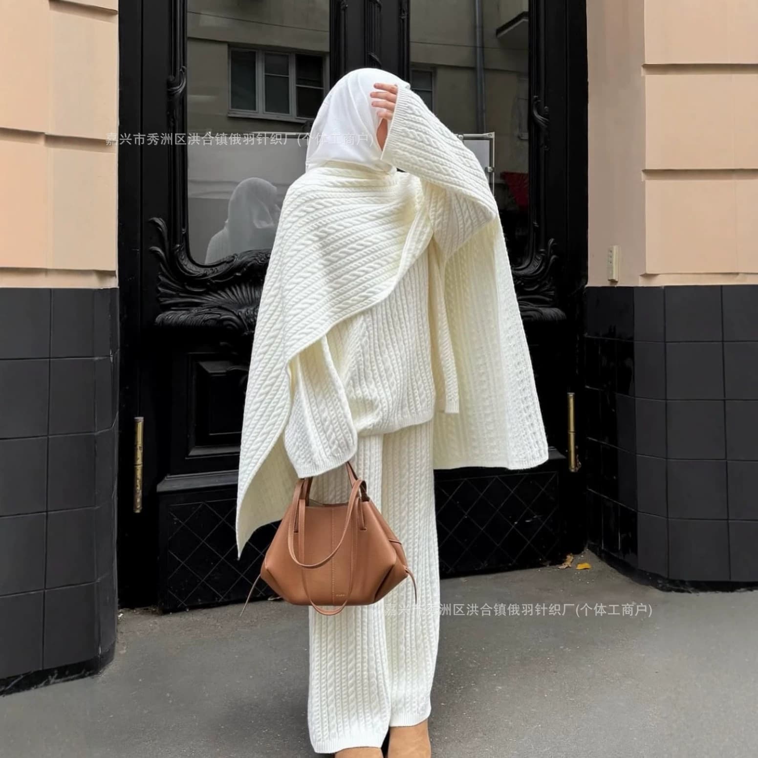 Cross-Border Knit Sweater Set for Women 2026 Loose Lazy Style Cable Knit Pullover Sweater + Pants + Scarf 3-Piece Set