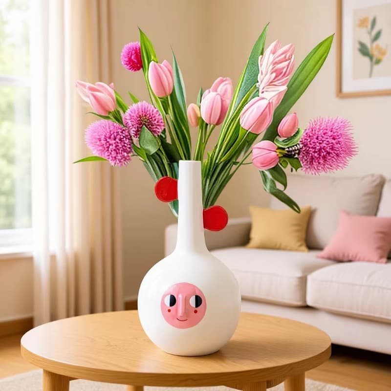 High-end small vase with red ears ceramic vase, cute, creative and interesting vase, cartoon home room decoration