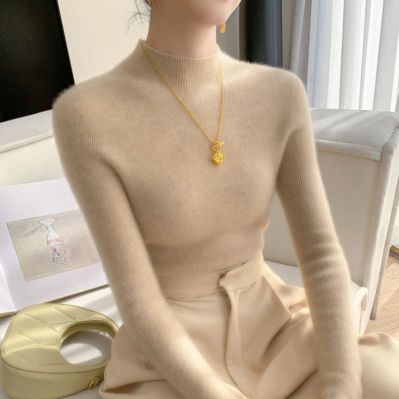 High-count cashmere soft skin-friendly autumn winter simple fitted top women's versatile knitwear base layer.