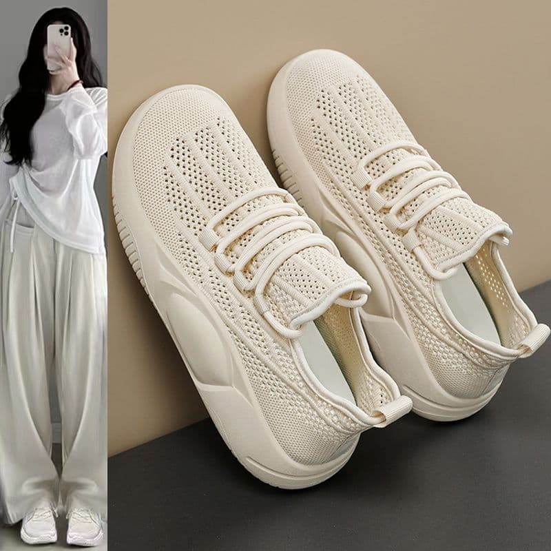 New Summer Breathable Women's Shoes, Flyknit Mesh Hollow Thin Lightweight Casual White Sneakers