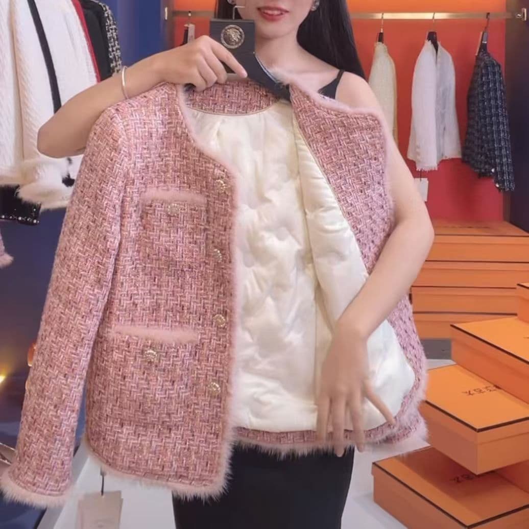 Thickened Pink Chanel-Style Down Lined Jacket Women 2023 Winter New High-End Tweed Celebrity Style Top