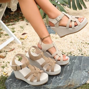 2026 Summer New European and American Style Wedge Sandals for Women, Thick Sole Woven One-Strap Buckle Large Size Ultra High Heel Women's Sandals
