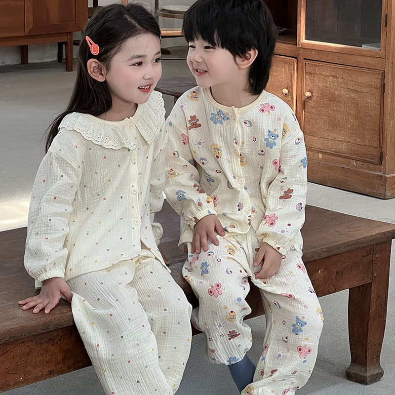 Children's Cotton Gauze Pajama Set Spring/Summer Cartoon Homewear New Boys and Girls Double-Layer Gauze Air Conditioning Long Sleeve
