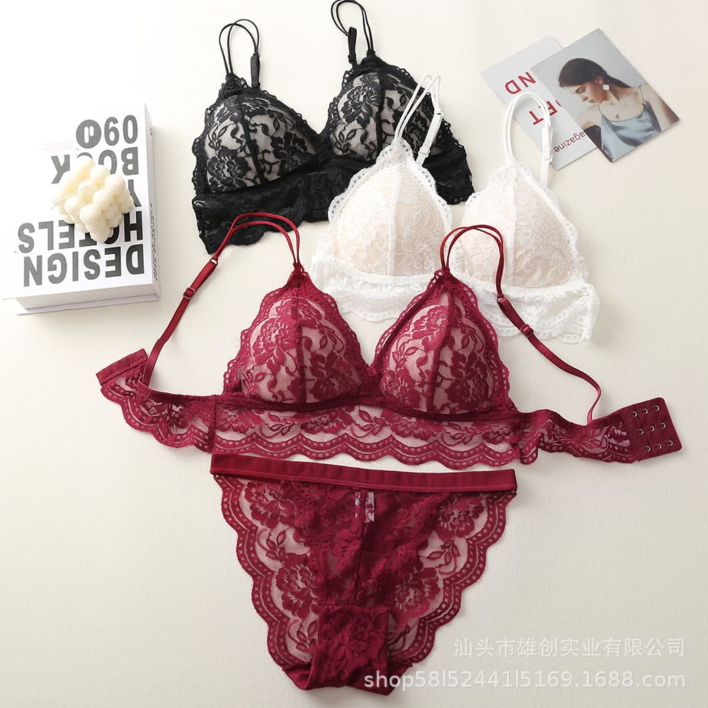French Triangle Bra Set Women Sexy Backless Hollow Lace Trim Wirefree Bra and Panty 2-Piece Set