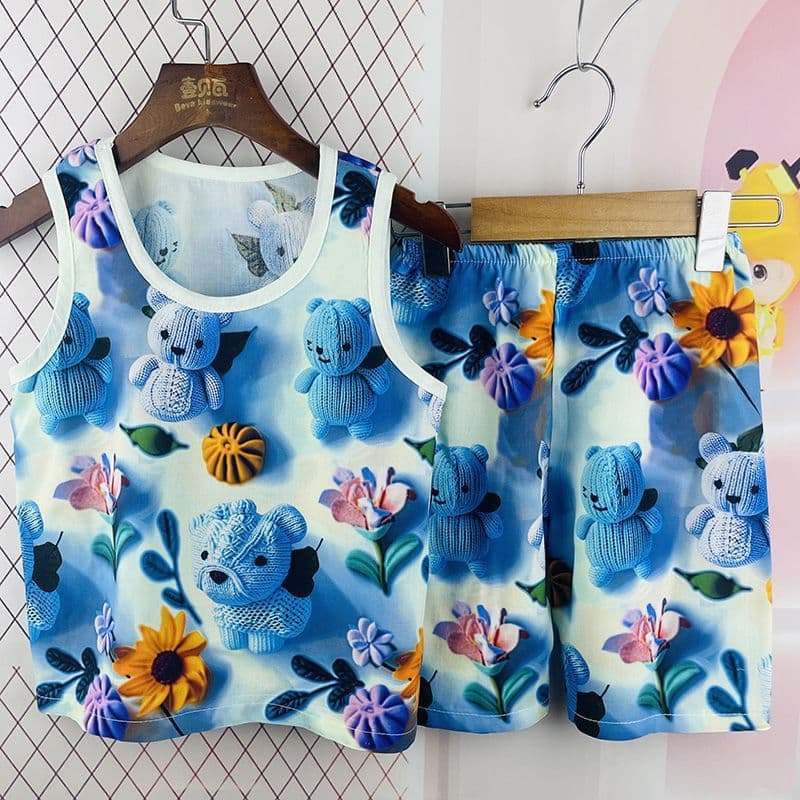 Boys and Girls 3D Digital Print Silk Cotton Summer Homewear, Children's Tencel Lyocell Sleeveless Pajama Set