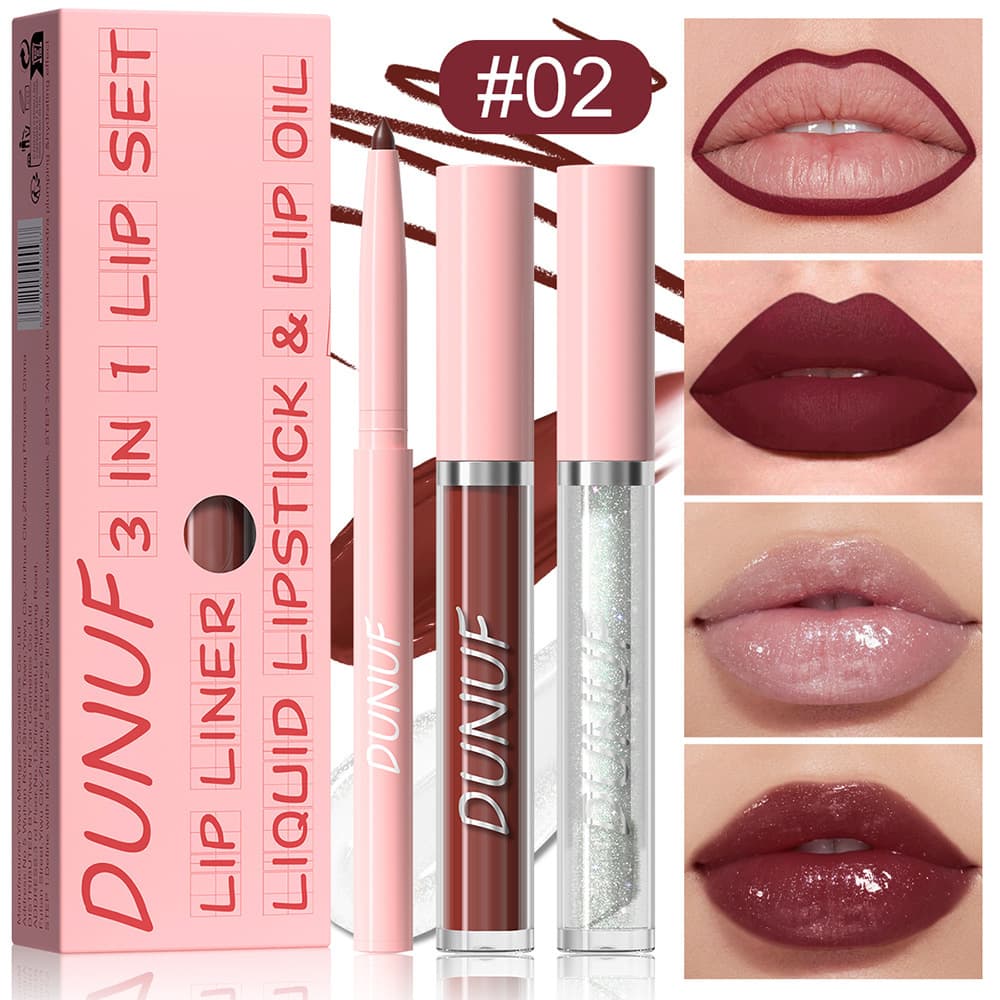 DUNUF 3-in-1 Lip Color Set: Lip Liner + Lip Gloss + Lip Oil, Define Lips, Matte & Shimmer Finish