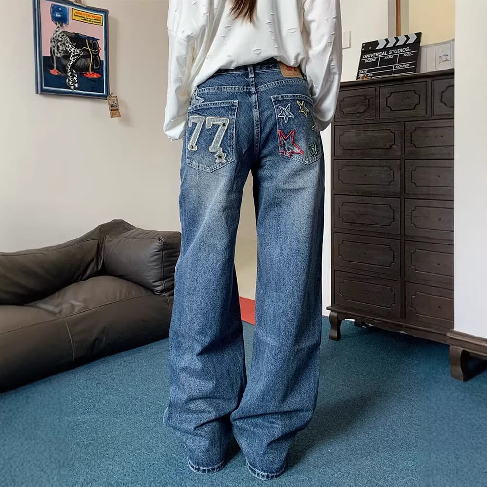 American Retro Star Embroidered Wide-Leg Jeans for Women, Spring Design High-Waist Loose Straight-Leg Floor-Length Pants Cross-Border