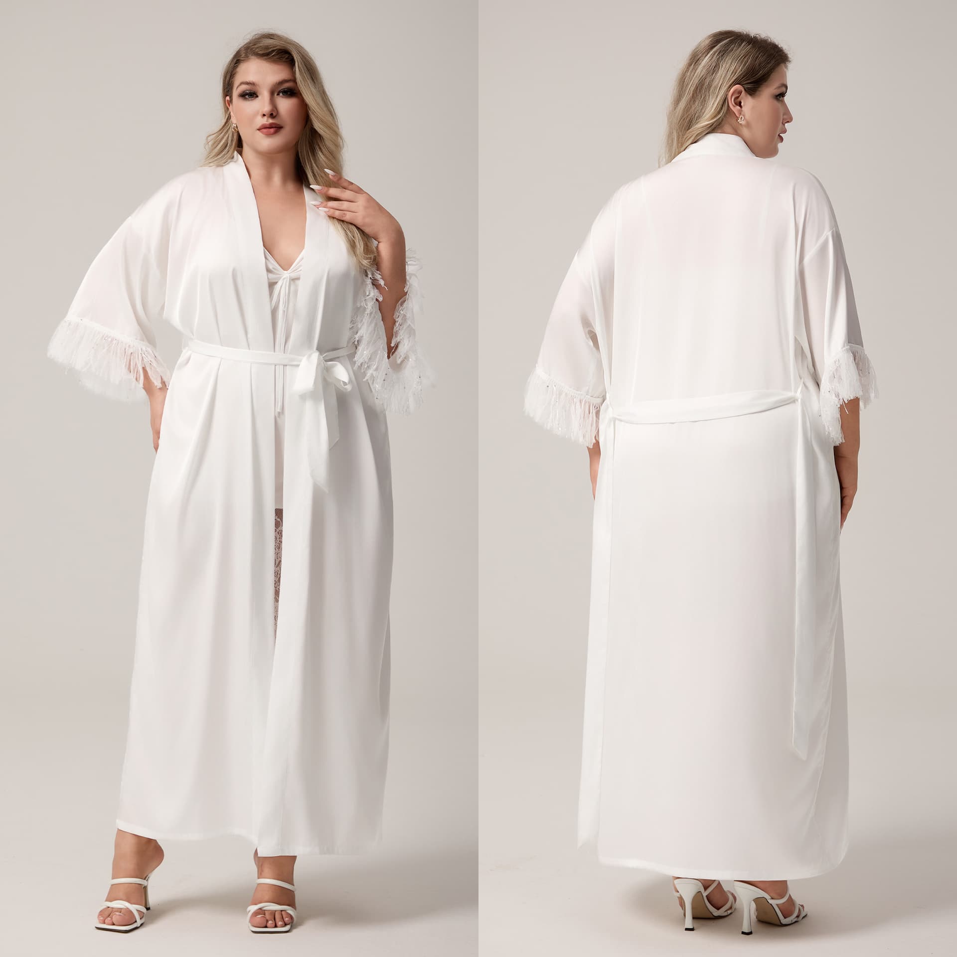 Yaoting Satin Chiffon Plus Size Women's Long Robe Loose Feather Single Bathrobe Long Pajamas Homewear WP5013