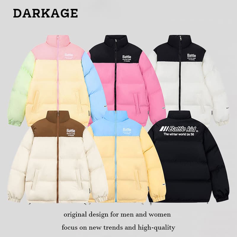 Chinese Retro American Style Dopamine Basic Multi-Color Patchwork Cotton Jacket Winter Thick Couples Puffer Coat