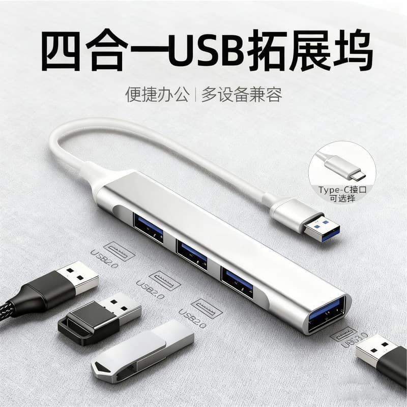 1-to-4 USB 3.0 Hub, Type-C OTG Multi-Interface Adapter, Phone Computer Hub