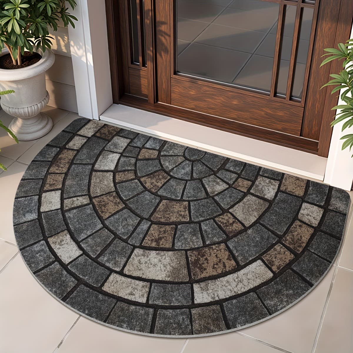 Cross-border Temu Hot Selling Floral Brick Stone Pattern Semi-Circular Crystal Velvet Door Mat for Entryway, Durable and Stain-Resistant, Drop Shipping Mat