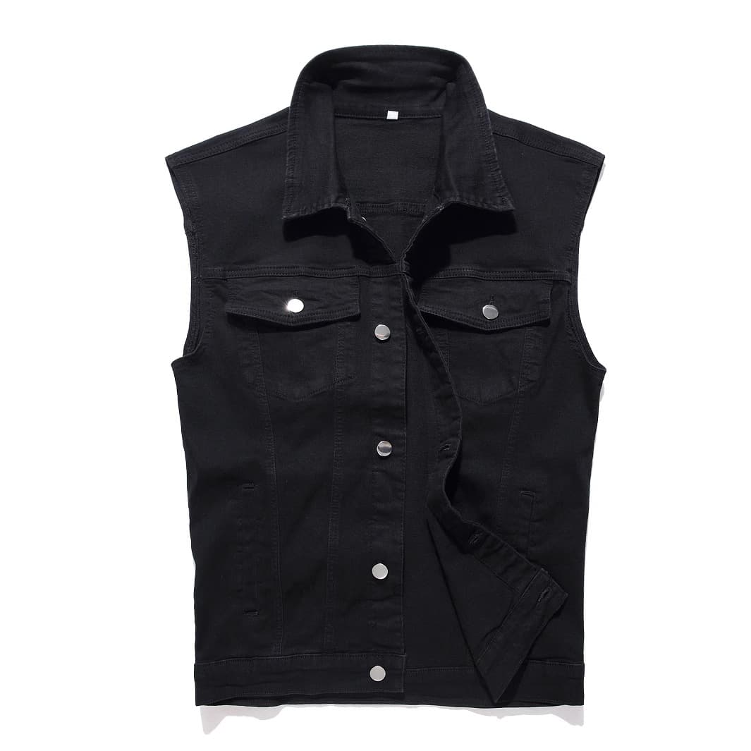 Cool Black Denim Sleeveless Utility Vest Simple Versatile Black Denim Sleeveless Vest Jacket