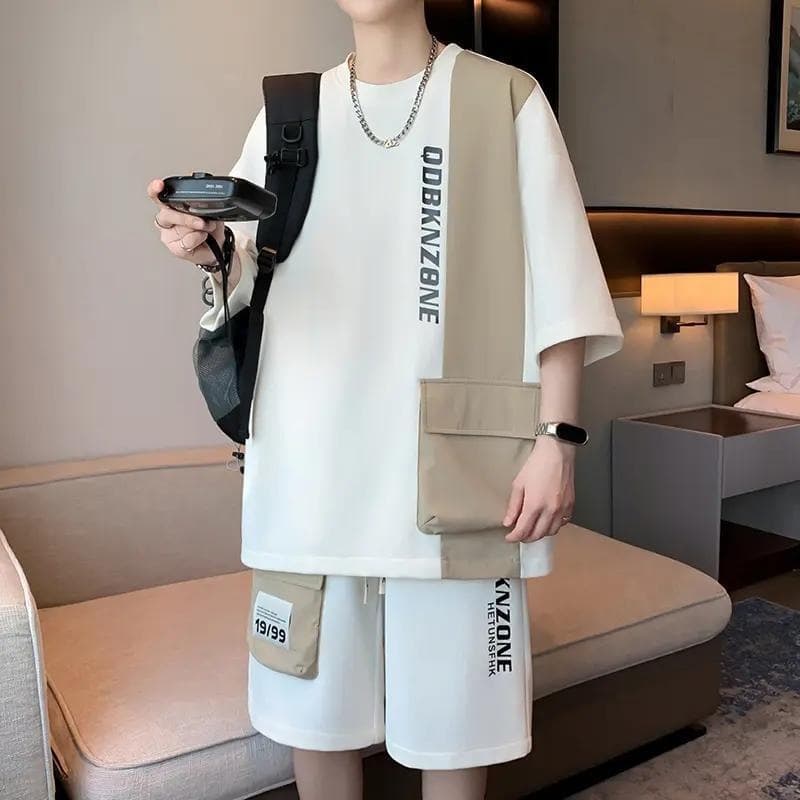 80-300 Jin Summer Streetwear Patchwork Pocket Short Sleeve T-Shirt Set Men Loose Casual Sports Shorts Two-Piece Set