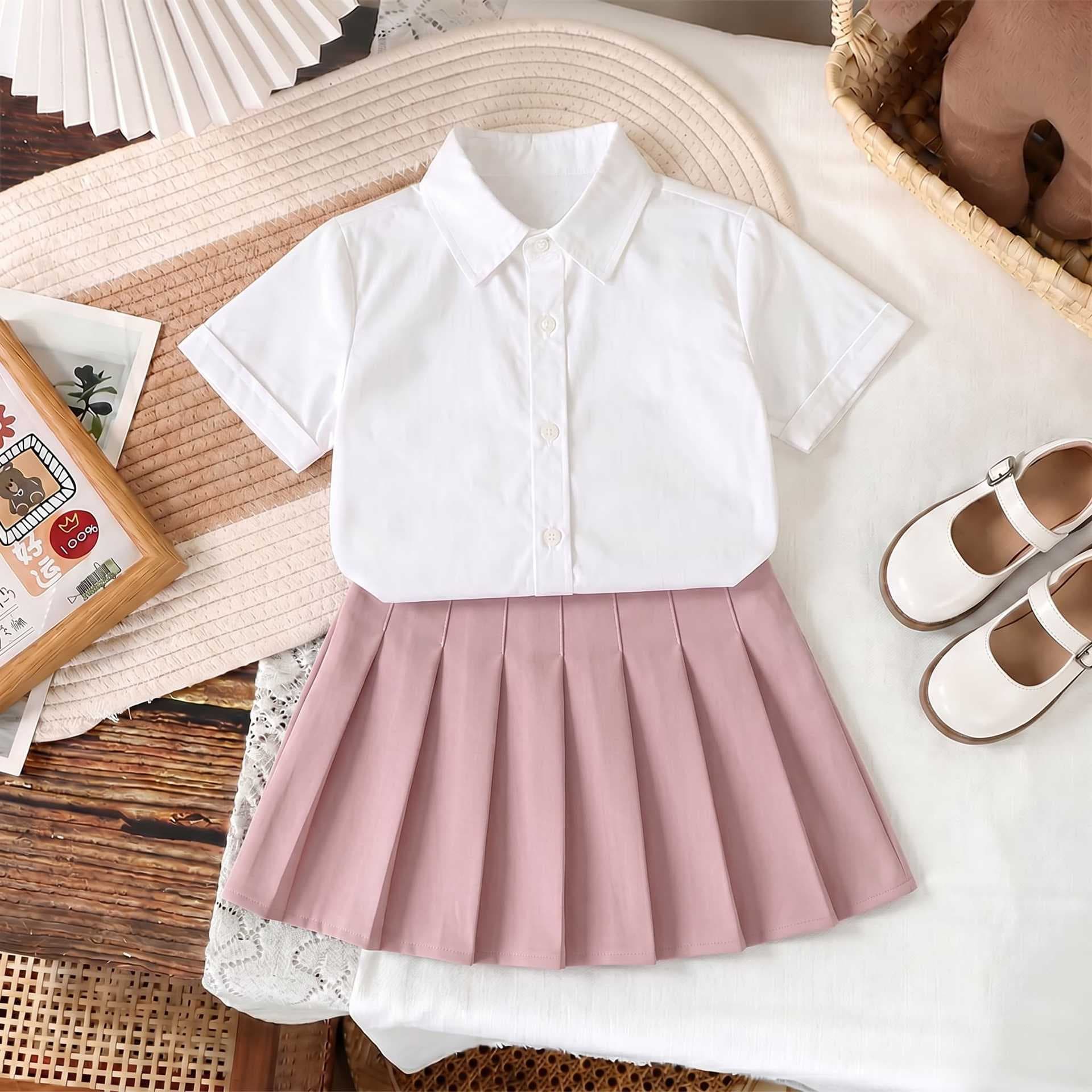 Girls' Shirt and Pleated Skirt Set Summer School Style Short Sleeve Half Skirt Two-Piece Performance Outfit Trendy