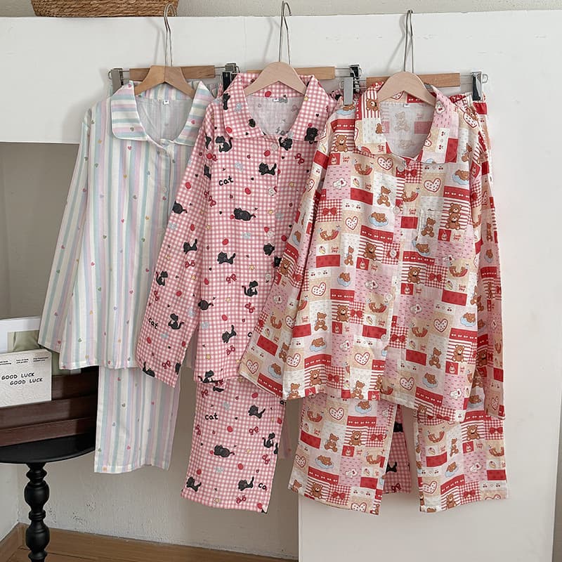 Pajamas for women pure cotton spring and autumn long-sleeved cartoon card love lapel placket loose double-layer gauze shirt home wear set
