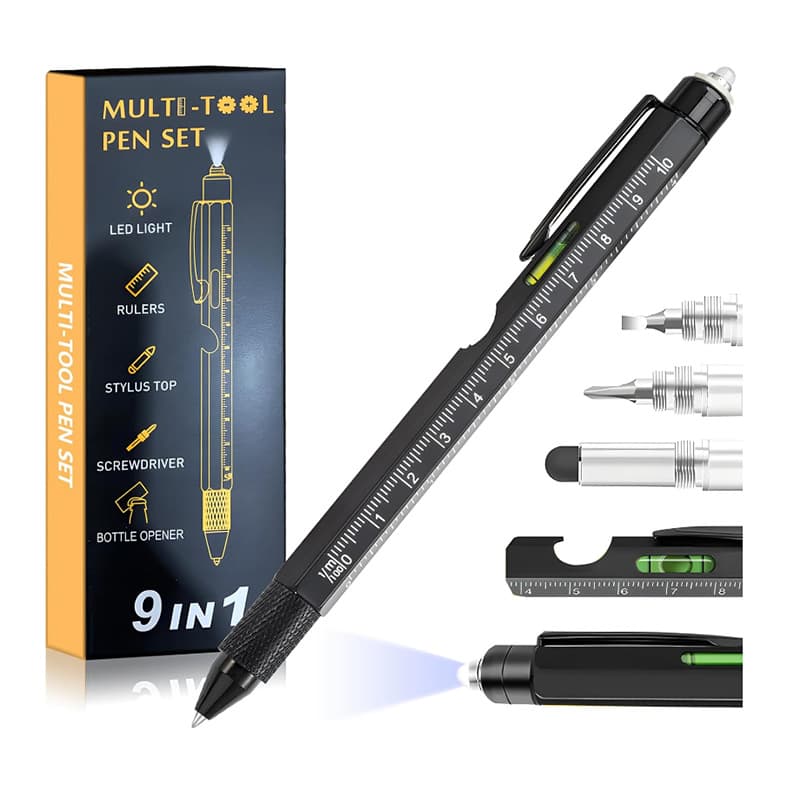 9-in-1 multifunctional bottle opener stand outdoor tool pen with LED light, screwdriver, and stylus in gift box